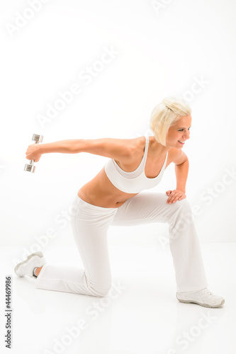 Woman white fitness exercise with weights