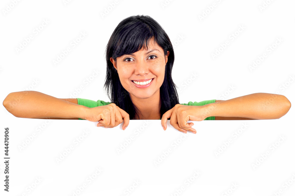 junge attraktive Frau mit weisser Tafel in der Hand junge attraktive Frau mit weisser Tafel in der Hand