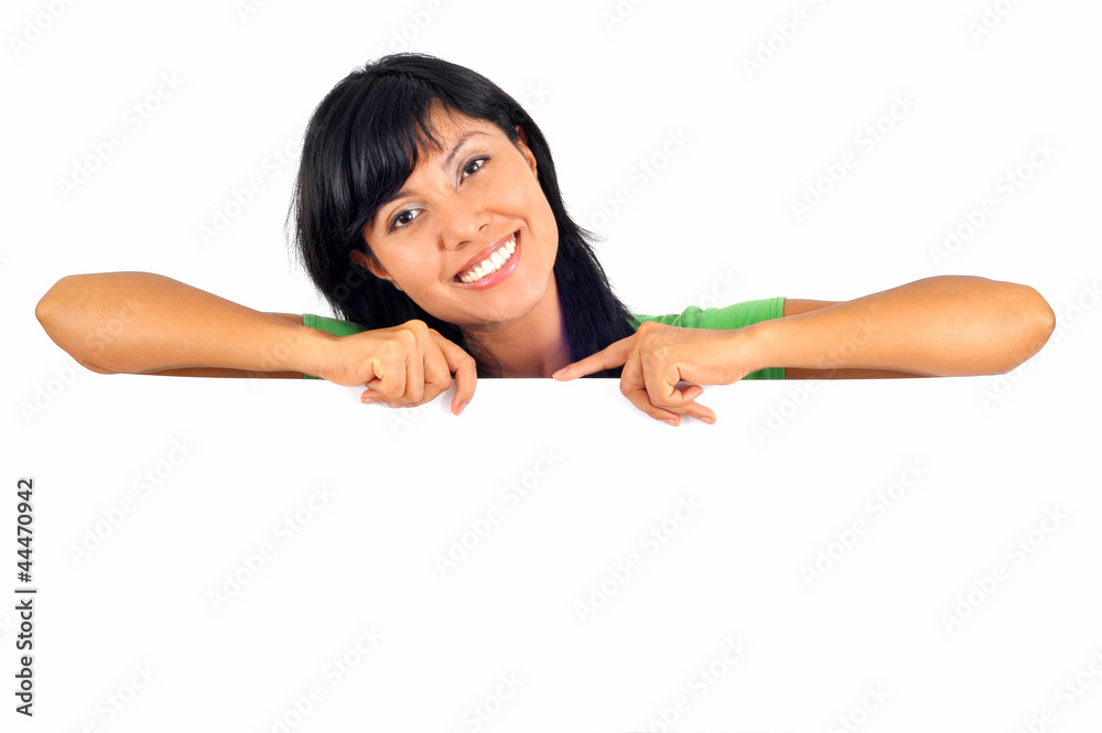 junge attraktive Frau mit weisser Tafel in der Hand junge attraktive Frau mit weisser Tafel in der Hand