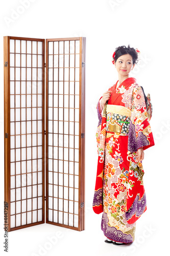 japanese kimono woman standing on white background