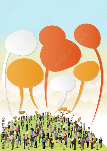 business people talking by speech balloons on colorful park