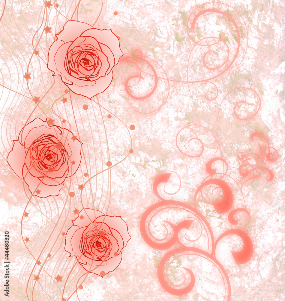 pink roses grunge illustration with flourishes for wedding or bi
