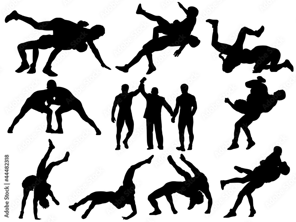 Wrestlers and referee silhouettes on white background - obrazy, fototapety, plakaty 
