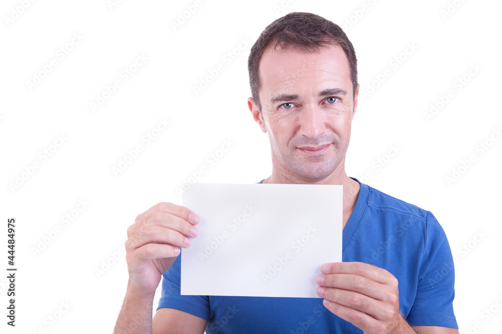 Portrait of a handsome man, with blank card in hand Portrait of a handsome man, with blank card in hand