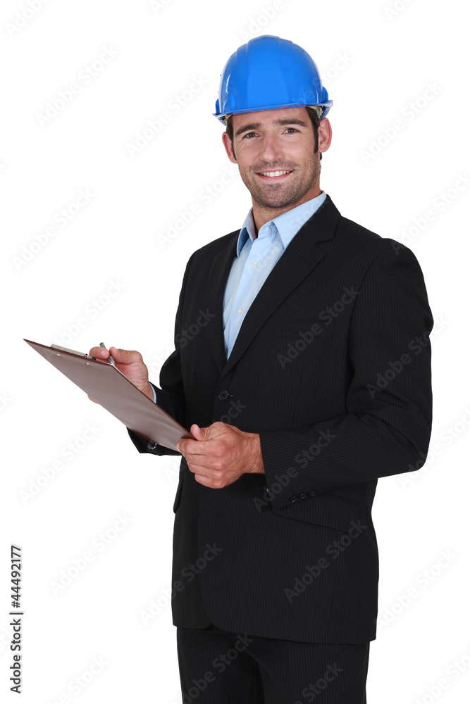 portrait of happy foreman and clipboard portrait of happy foreman and clipboard