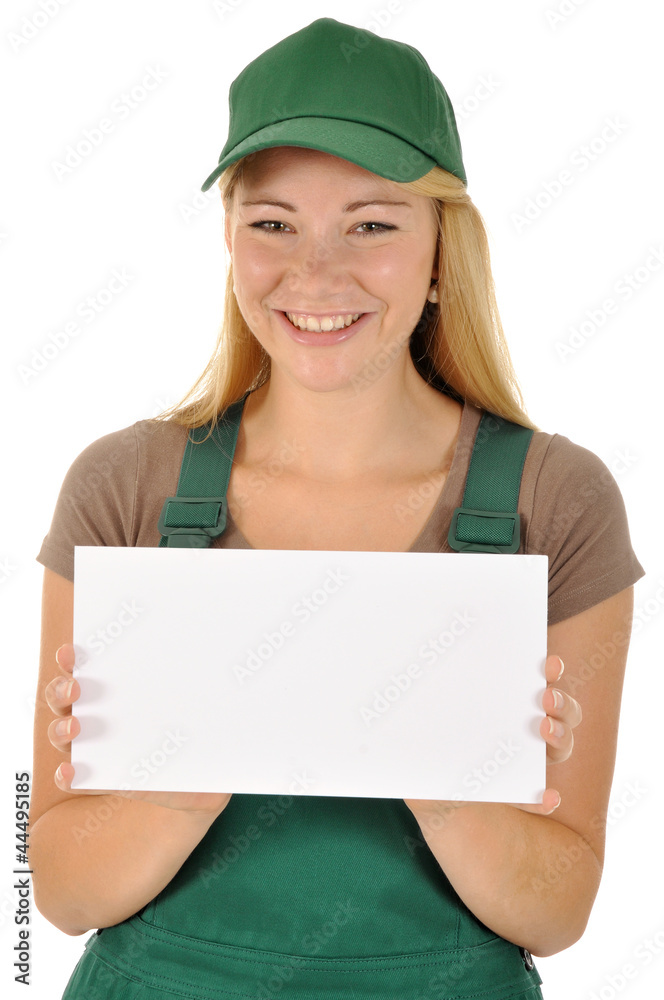 Gärtnerin mit leerem Schild Gärtnerin mit leerem Schild