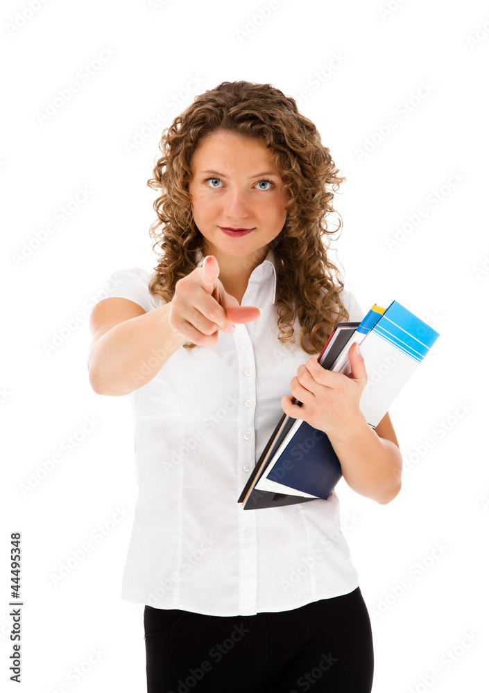 Woman holding notepad isolated on white background Woman holding notepad isolated on white background