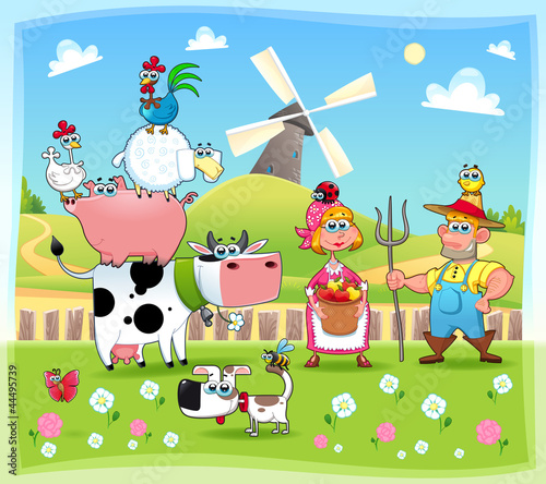 Funny farm family. Cartoon and vector illustration.