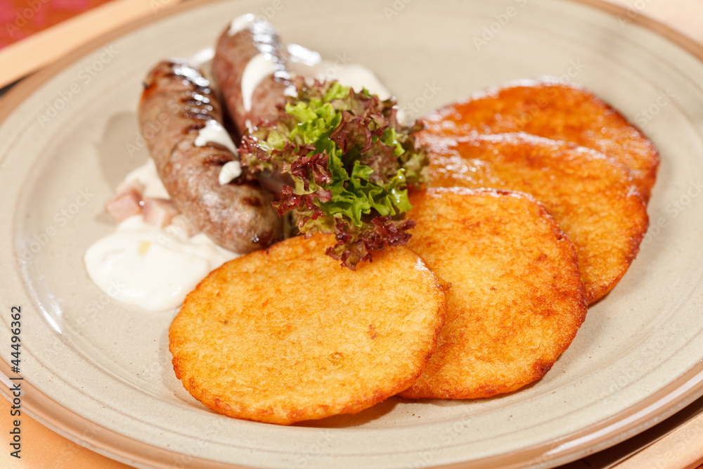 potato pancakes with sausages