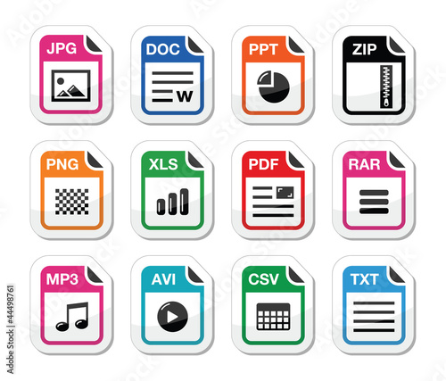 File type icons as labels set - zip, pdf, jpg, doc