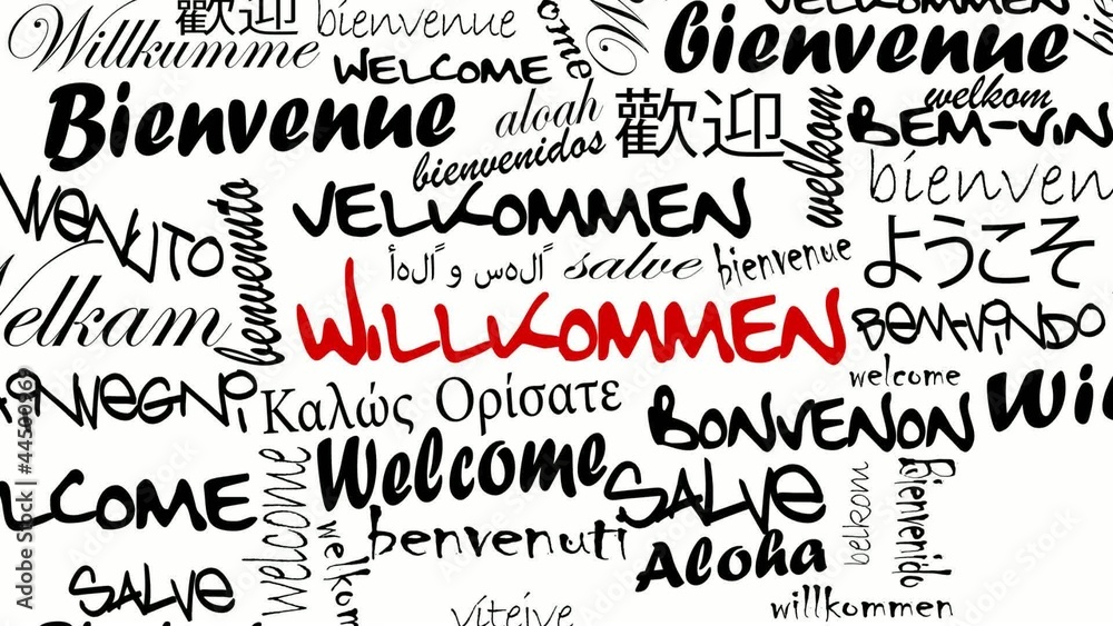 Willkommen Internationale schwarz weiß animierte Worten cloud