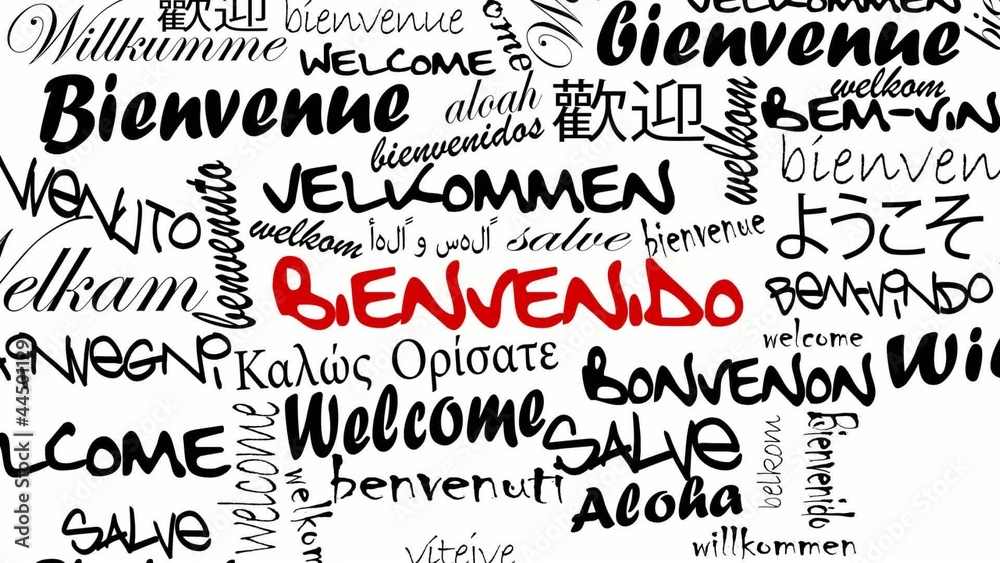 International Bienvenido negro y blanco nube palabras animado