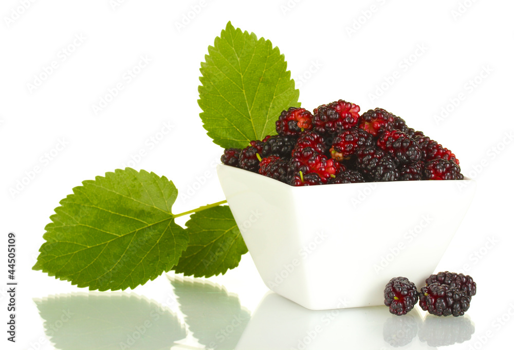 White bowl with ripe mulberries isolated on white White bowl with ripe mulberries isolated on white
