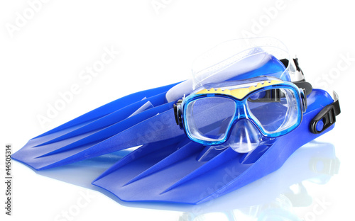 blue flippers and mask isolated on white.