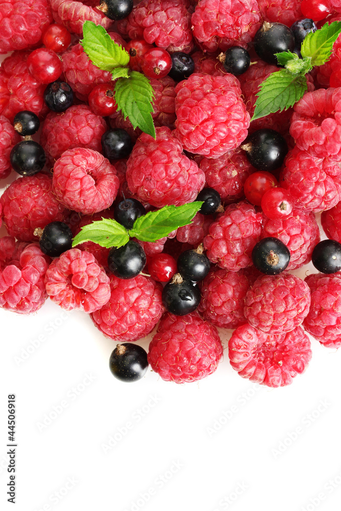 ripe berries with mint, isolated on white.