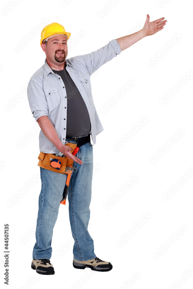 Tradesman with his arms open wide Tradesman with his arms open wide