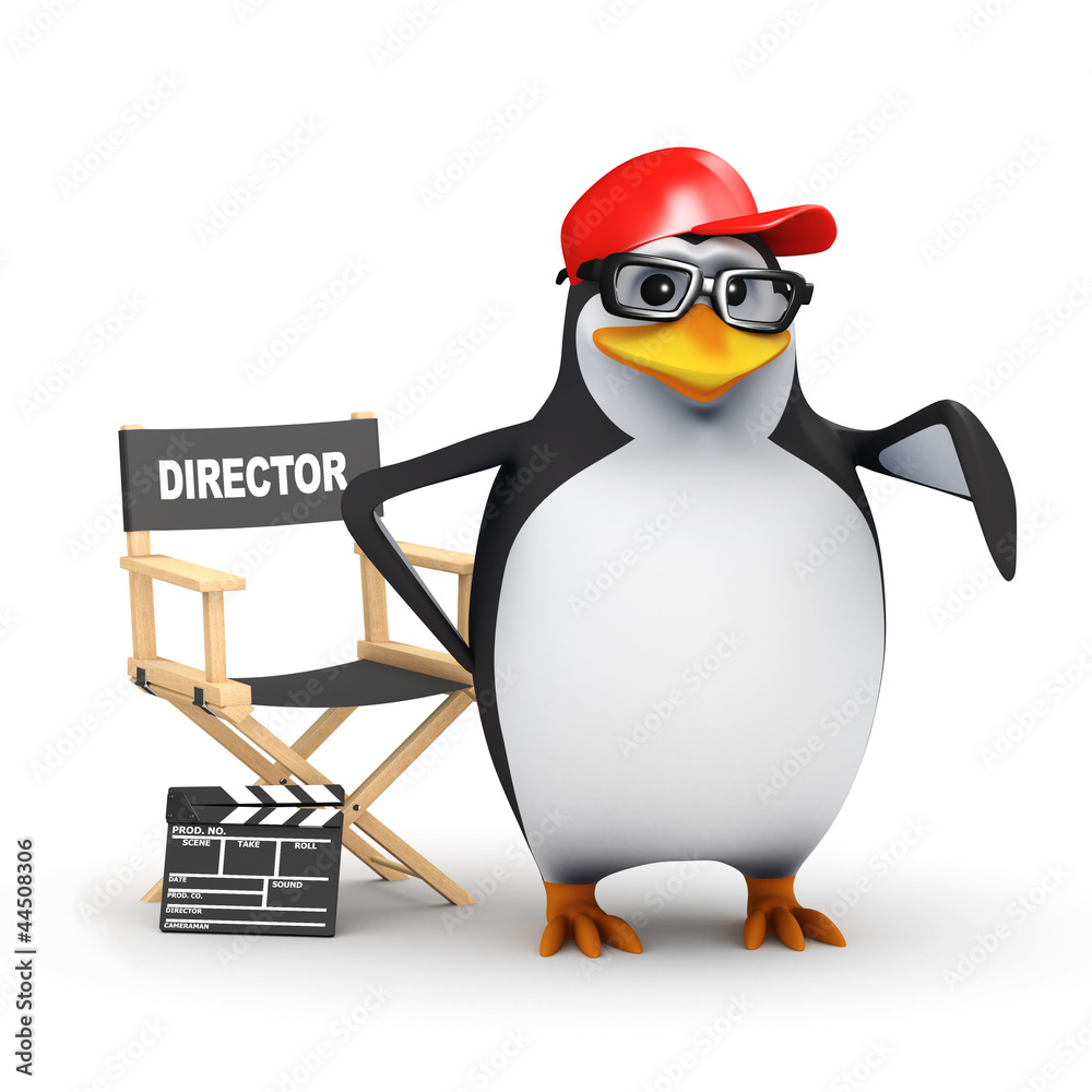 Obraz premium 3d Penguin in baseball cap directs a movie