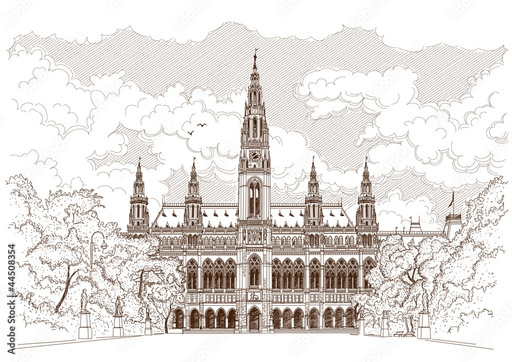 Vector drawing of Town Hall in Vienna, Austria
