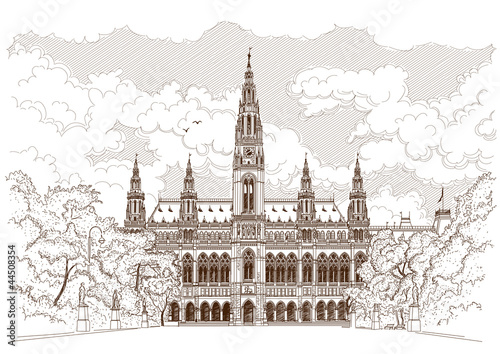 Vector drawing of Town Hall in Vienna, Austria photo