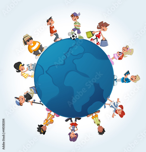Blue template with teenager cartoon students over earth globe
