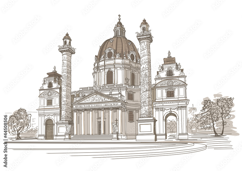 Vector drawing of Karlskirche in Vienna, Austria