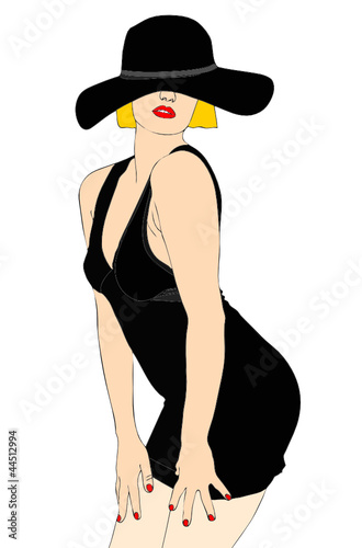 Bella ragazza bionda in abito nero e cappello