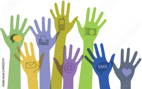 Set of hands with communication icons.