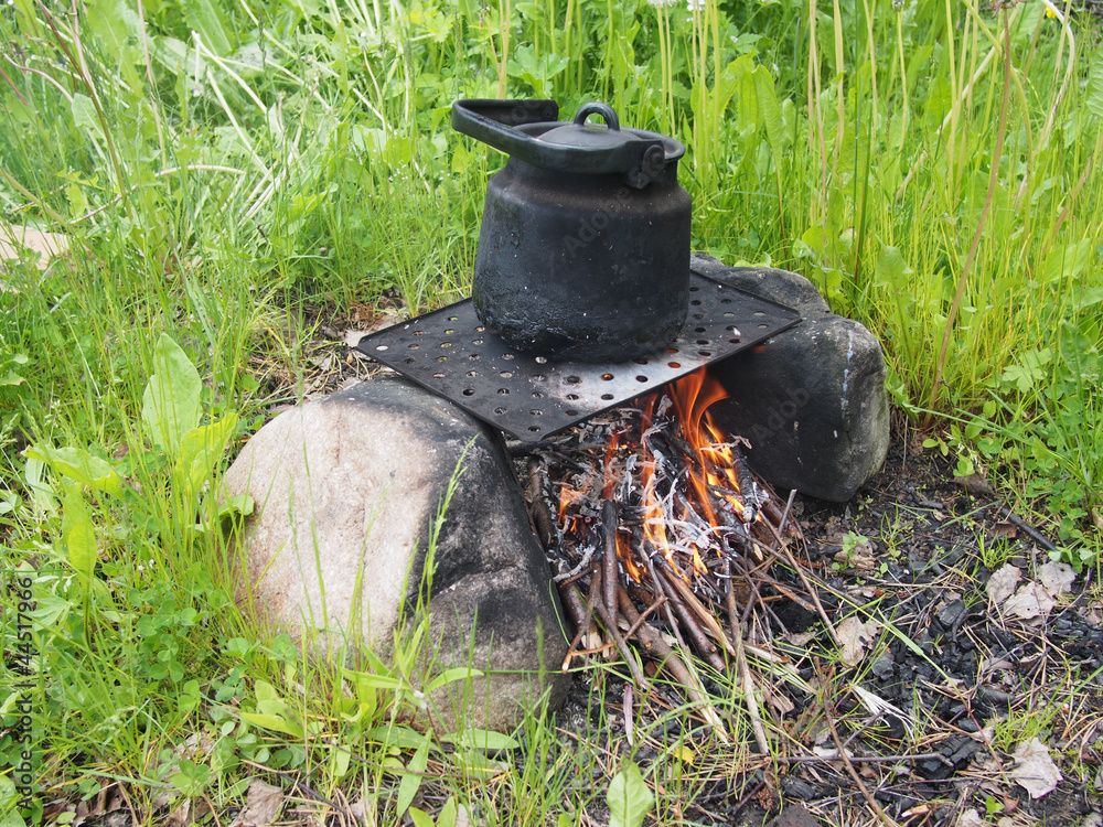 Teapot and kettle on a fire in the summer Teapot and kettle on a fire in the summer
