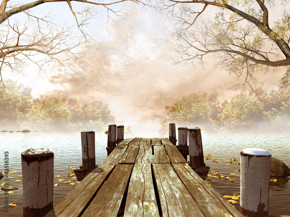 Naklejka premium Jesienna sceneria z drewnianym molo na jeziorze