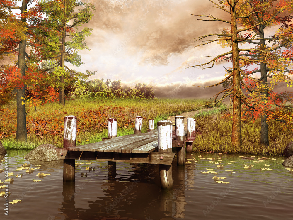 Jesienna łąka i molo nad jeziorem - obrazy, fototapety, plakaty 