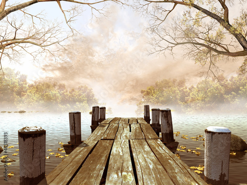 Obraz na płótnie Jesienna sceneria z drewnianym molo na jeziorze