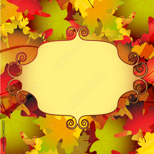 Beautiful autumn background with leaves and mirror frame