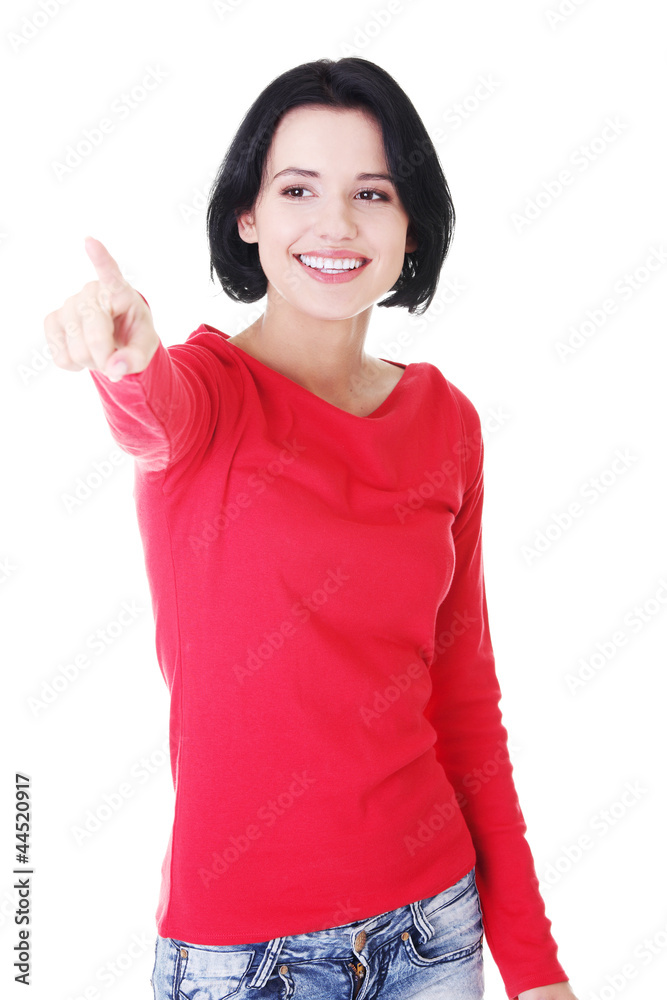 Woman making choose on abstract screen Woman making choose on abstract screen