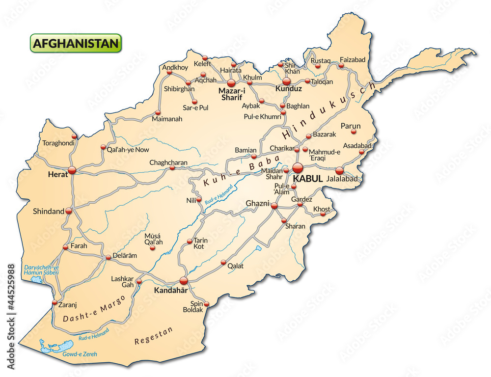 Inselkarte von Afghanistan mit Verkehrsnetz