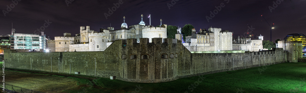 Panoramic image of the Tower of London, UK at night