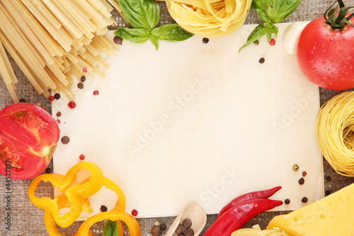 paper for recipes, spaghetti with vegetables and spices,