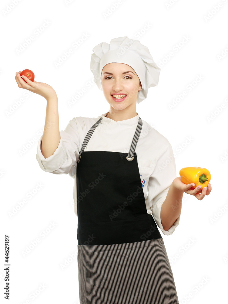 Attractive cook woman with vegetables, a over white background Attractive cook woman with vegetables, a over white background