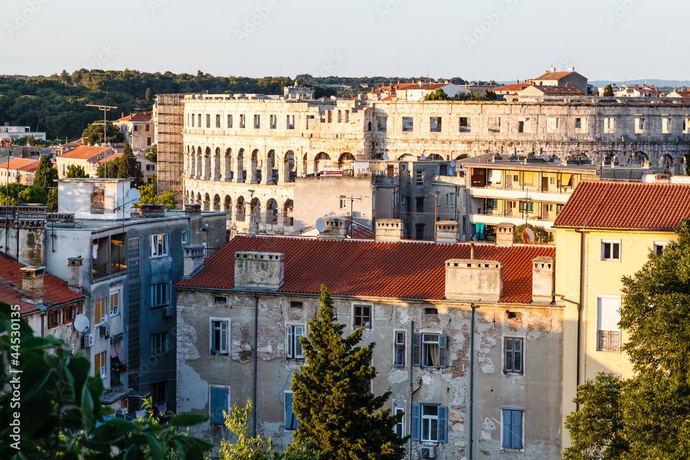 Aerial View on Ancient Roman Amphitheater and City of Pula, Croa Aerial View on Ancient Roman Amphitheater and City of Pula, Croa