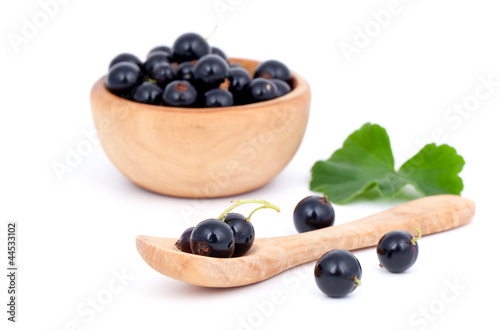 fresh black currants in a wooden spoon, over a white background.