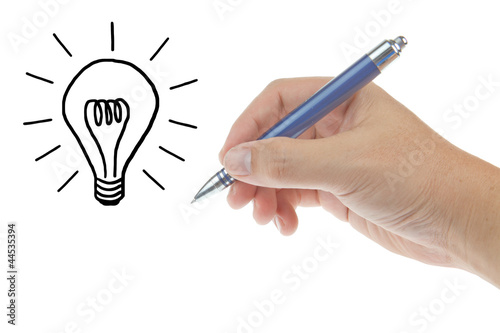 Male hand with pen and lightbulb isolated on white background