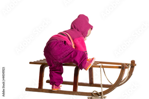 Toddler clambering onto a sled photo