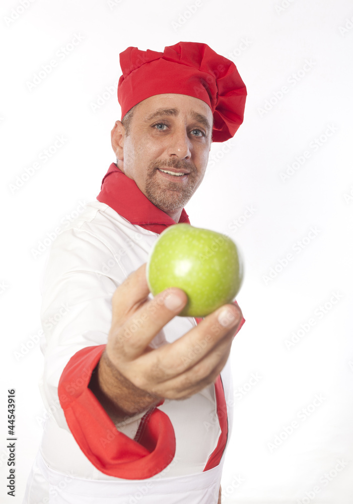 male cook in white uniform and hat with apples isolated on white male cook in white uniform and hat with apples isolated on white