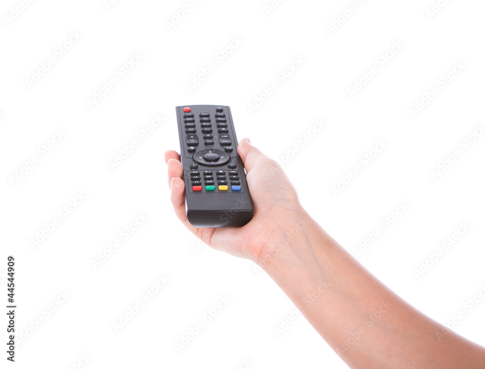 Woman hand with remote control isolated on white background Woman hand with remote control isolated on white background
