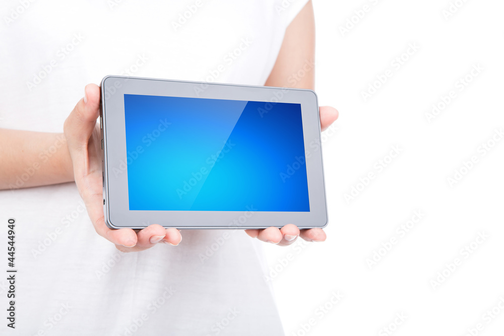  Woman hand using a touch screen device against white background