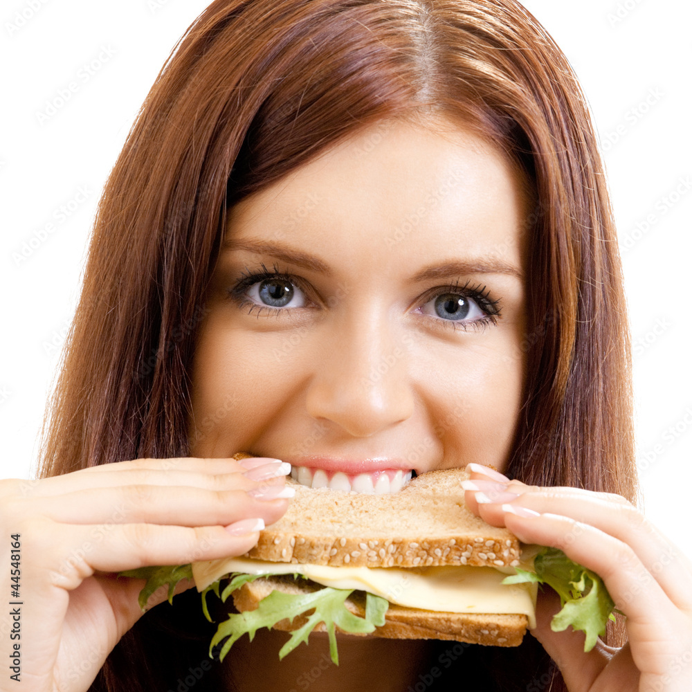 Cheerful woman eating sandwich with cheese Cheerful woman eating sandwich with cheese