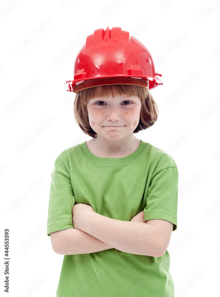 Young boy with red hardhat Young boy with red hardhat