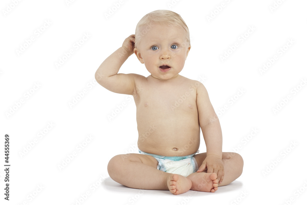 Surprised Baby scratching head on white background Surprised Baby scratching head on white background