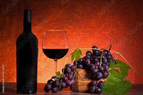 Still Life With Bottle Of Wine And Grapes