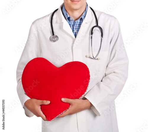 doctor in a white coat with a red heart