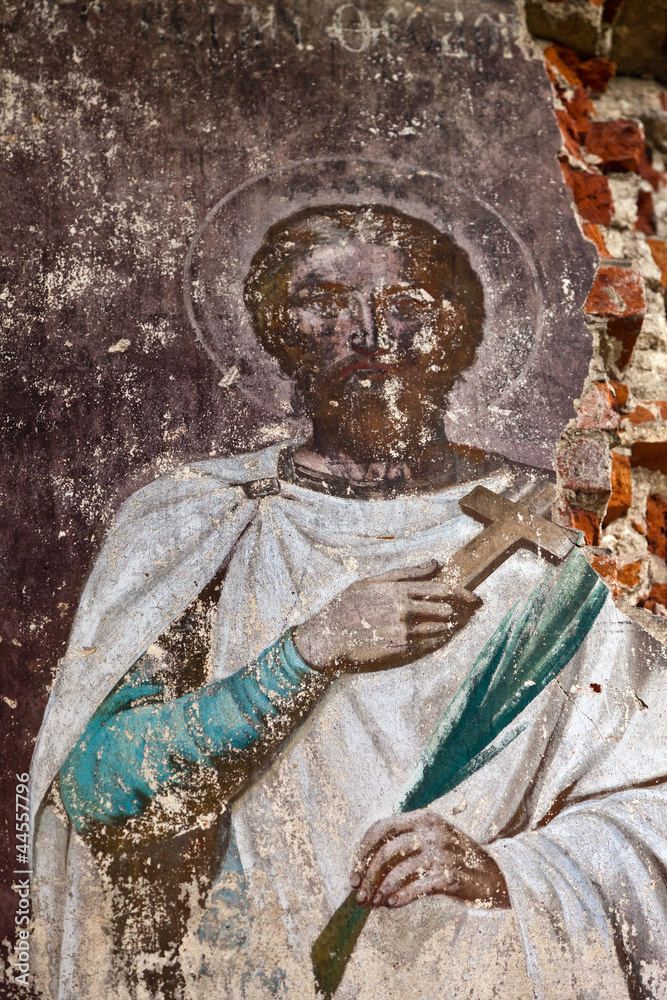 Saint in a mural. Church of the Nativity of the Blessed Virgin.
